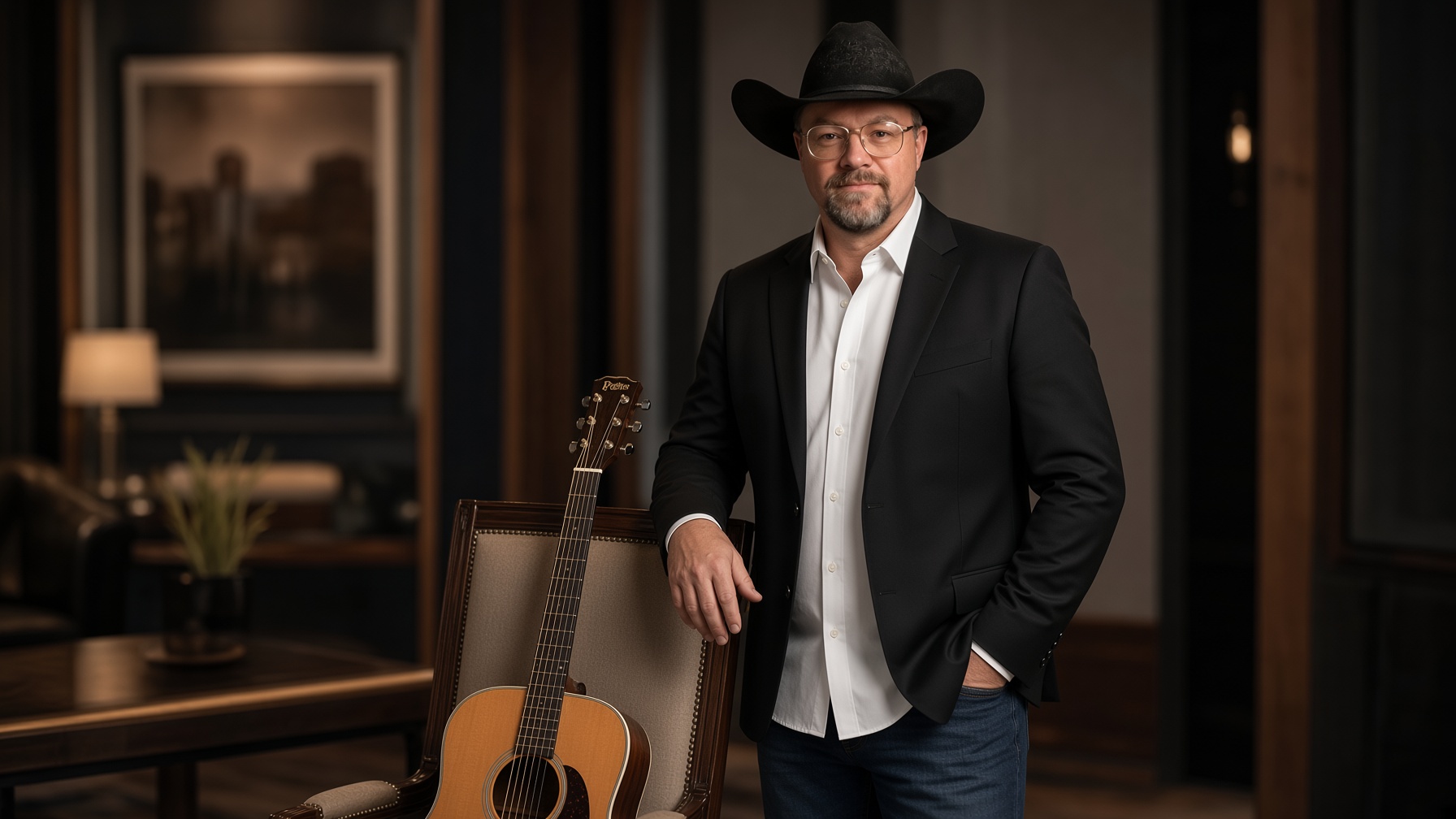 Chad Sanders in an upscale room leaning on a chair beside his acoustic guitar